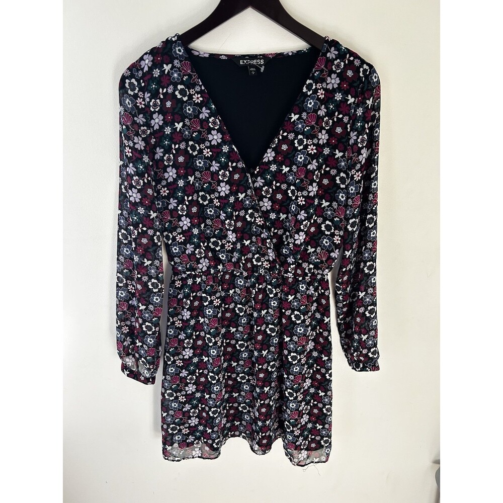 Express Floral Faux Wrap Long Mesh Sleeve Dress Small Dark Floral Whimsigoth